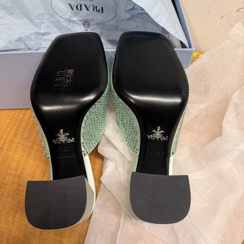 Prada 1XX642 Satin Crystal Embellished Acqua Slide Heel Sandals, 36.5 - Picture 5 of 16
